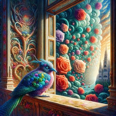 The primary subject of the image is a bird perched on a window sill. The bird is surrounded by a vibrant and colorful environment, featuring a variety of flowers and a sky background. The visual style of the image is a combination of digital art and illustration, creating a whimsical and lively atmosphere. The dominant colors in the scene are pink, purple, and green, which contribute to the overall mood of the image.